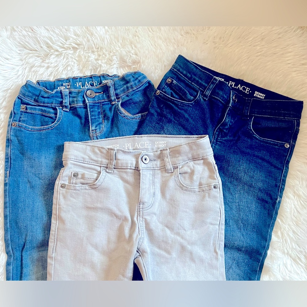 3 Pair Boys Sz 5 Adjustable Waist Skinny Jeans w/ Stretch Blue, Dark Blue, Grey